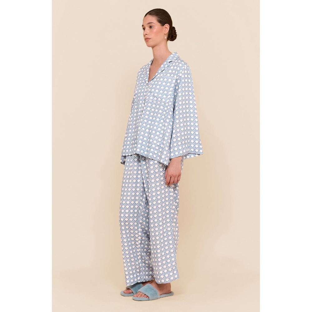 PIYAMA Peta Sleep Set Women XXXL Blue Rattan Block Print Rayon Pajamas 2PC